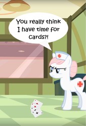Size: 735x1076 | Tagged: safe, edit, edited screencap, editor:leonidus, screencap, nurse redheart, earth pony, pony, baby cakes, g4, angry, card game, cropped, exclamation point, female, frown, funny, hospital, interrobang, light, maureen walsh, nurse, poker, question mark, solo, speech, speech bubble, text, tiled floor, window