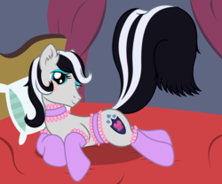 Size: 2598x2158 | Tagged: safe, artist:badumsquish, derpibooru exclusive, shining armor, original species, pony, skunk, skunk pony, g4, alternate cutie mark, alternate hair color, alternate hairstyle, bed, belt, blushing, choker, clothes, crossdressing, draw me like one of your french girls, eyeshadow, femboy, flirting, high res, lingerie, looking at you, makeup, male, one eye closed, pillow, prone, raised tail, shining femboy armor, show accurate, sissy, skunkified, smiling, socks, species swap, stallion, sultry pose, tail, trap, wink