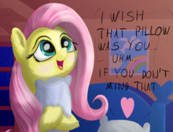 Size: 1376x1055 | Tagged: safe, artist:nuxersopus, fluttershy, pony, g4, bed, blushing, cute, daaaaaaaaaaaw, dialogue, female, heart, hug, indoors, looking up, night, open mouth, pillow, shyabetes, smiling, solo, text
