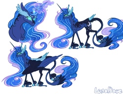 Size: 1300x1000 | Tagged: safe, artist:luna dave, princess luna, alicorn, classical unicorn, pony, unicorn, g4, alternate cutie mark, cloven hooves, colored wings, colored wingtips, concave belly, ethereal mane, female, galaxy mane, glowing eyes, glowing horn, horn, large wings, leonine tail, long feather, long mane, long tail, mare, simple background, slender, tail, tail feathers, thin, thin legs, unshorn fetlocks, white background, wings