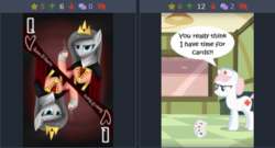 Size: 491x265 | Tagged: safe, nurse redheart, pony, derpibooru, g4, juxtaposition, juxtaposition win, meme, meta, playing card