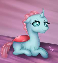 Size: 2200x2400 | Tagged: safe, artist:yumomochan, ocellus, changedling, changeling, pony, g4, abstract background, digital art, high res, prone, sitting