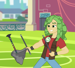 Size: 663x597 | Tagged: safe, screencap, sandalwood, all's fair in love & friendship games, equestria girls, g4, clothes, cropped, musical instrument, pants, smiling