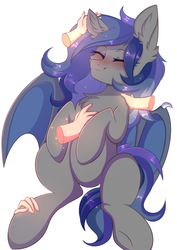 Size: 2835x4000 | Tagged: safe, artist:pesty_skillengton, oc, oc only, oc:eclipse penumbra, bat pony, pony, background removed, bat pony oc, bellyrubs, blushing, chest fluff, cute, disembodied hand, ear fluff, ear scratch, eyes closed, fangs, group grope, hand, love, magic, magic hands, on back, ponytail, smiling, solo