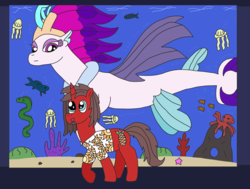 Size: 3281x2483 | Tagged: safe, artist:supahdonarudo, queen novo, oc, oc:ironyoshi, eel, fish, jellyfish, octopus, seapony (g4), g4, my little pony: the movie, aquarium, clothes, coral, high res, looking at each other, rock, shirt, swimming, walking