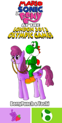 Size: 1012x2000 | Tagged: safe, artist:zefrenchm, berry punch, berryshine, dinosaur, earth pony, pony, yoshi, g4, crossover, london 2012, mario & sonic, mario & sonic at the london 2012 olympic games, mario & sonic at the olympic games, mario and sonic, mario and sonic at the olympic games, nintendo, riding, riding a pony, super mario bros., team