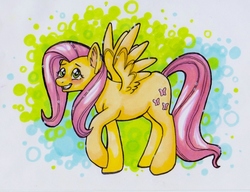 Size: 1064x818 | Tagged: safe, artist:mylittlerainbowtail, fluttershy, pegasus, pony, g4, cute, female, mare, raised hoof, shyabetes, smiling, solo, traditional art, wings