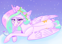 Size: 1400x1000 | Tagged: safe, artist:mylittlerainbowtail, princess celestia, alicorn, pony, g4, beautiful, both cutie marks, cute, cutelestia, female, flower, flower in hair, looking at you, lying down, mare, night, sky, smiling, solo, stars, wings, wreath