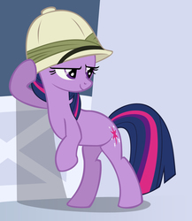 Size: 1735x2000 | Tagged: safe, artist:ns4j19y, twilight sparkle, pony, unicorn, feeling pinkie keen, g4, bipedal, bipedal leaning, cute, door, female, hat, hoof on head, leaning, mare, pith helmet, pose, shadow, smiling, smug, solo, unicorn twilight, vector