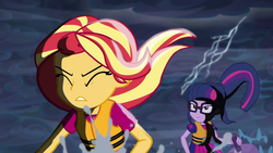 Size: 1920x1080 | Tagged: safe, screencap, sci-twi, sunset shimmer, twilight sparkle, equestria girls, equestria girls series, g4, spring breakdown, spoiler:eqg series (season 2), cruise outfit, eyes closed, female, lifejacket, lightning, majestic, ponytail