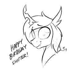 Size: 1956x2053 | Tagged: safe, artist:selenophile, oc, oc:shifter, changeling, changeling oc, happy birthday, monochrome, text