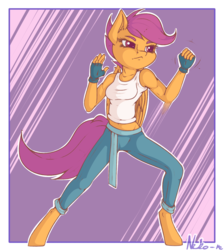 Size: 1073x1200 | Tagged: safe, artist:neko-me, scootaloo, anthro, unguligrade anthro, apple bloomers, g4, action pose, breasts, busty scootaloo, clothes, female, fingerless gloves, gloves, midriff, older, pants, smiling, solo, tank top