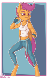 Size: 753x1200 | Tagged: safe, artist:neko-me, scootaloo, anthro, unguligrade anthro, apple bloomers, g4, belly button, breasts, busty scootaloo, clothes, female, fingerless gloves, gloves, midriff, older, pants, smiling, solo, tank top