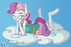 Size: 1200x787 | Tagged: safe, artist:neko-me, sweetie belle, anthro, unguligrade anthro, g4, breasts, busty sweetie belle, clothes, cloud, dress, eyes closed, female, lying on a cloud, older, smiling, solo, underhoof