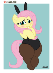 Size: 3685x5000 | Tagged: safe, artist:whistrid, fluttershy, pony, adorafatty, adorasexy, belly, bipedal, blushing, bunny ears, bunny suit, bunnyshy, chubby, clothes, cute, fat, fattershy, female, grin, high res, leotard, nervous, nervous grin, pantyhose, patreon, patreon logo, sexy, shyabetes, smiling, solo, thunder thighs, wide hips