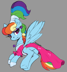 Size: 2644x2824 | Tagged: safe, artist:moonseeker, rainbow dash, pegasus, pony, g4, sparkle's seven, alternate hairstyle, clothes, dress, ear piercing, earring, explicit source, eyeshadow, female, frown, high res, hoof shoes, jewelry, lidded eyes, makeup, mare, megaradash, necklace, on side, palindrome get, piercing, rainbow dash is not amused, skirt, solo, spread wings, unamused, wings