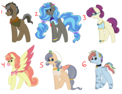 Size: 6000x4636 | Tagged: safe, artist:calibykitty, oc, pegasus, pony, unicorn, zebra, adoptable, bubblegum, clothed ponies, collar, ear piercing, earring, female, food, glasses, glowstick, gum, jewelry, male, mare, multicolored hair, piercing, rainbow hair, stallion