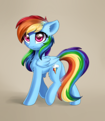 Size: 1300x1500 | Tagged: safe, artist:ifmsoul, rainbow dash, pegasus, pony, g4, cheek fluff, chest fluff, cute, dashabetes, ear fluff, eye clipping through hair, eyebrows, eyebrows visible through hair, female, leg fluff, mare, solo, tan background