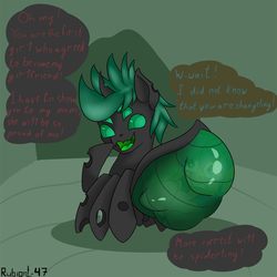 Size: 1417x1417 | Tagged: safe, artist:rubiont, oc, oc only, oc:webber the seventh, changeling, earth pony, nymph, pony, spider, spiderling, abdomen, belly, big belly, bulges, butt, changeling oc, colt, colt pred, engrish, female, fetish, filly, filly prey, green changeling, male, plot, simple background, speech bubble, talking, text, translucent belly, transparent belly, transparent flesh, vore