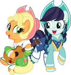 Size: 5660x5960 | Tagged: safe, artist:jhayarr23, applejack, coloratura, earth pony, pony, g4, sparkle's seven, alternate hairstyle, apple chord, clothes, cowboy hat, cute, female, freckles, guitar, hat, jumpsuit, mare, musical instrument, rarabetes, simple background, smiling, transparent background, vector