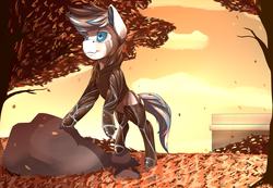 Size: 2600x1800 | Tagged: safe, artist:chapaevv, oc, oc only, cyborg, pony, clothes, leaves, patreon, solo, tree