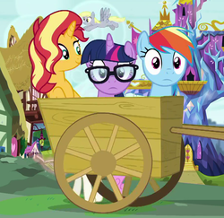 Size: 912x887 | Tagged: safe, screencap, derpy hooves, rainbow dash, sci-twi, sunset shimmer, twilight sparkle, pegasus, pony, unicorn, equestria girls, equestria girls specials, g4, my little pony equestria girls: better together, my little pony equestria girls: spring breakdown, cropped, equestria girls ponified, female, glasses, human pony dash, mare, ponified, ponyville, smiling, twilight's castle, unicorn sci-twi