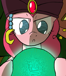 Size: 903x1024 | Tagged: safe, artist:undead-niklos, pinkie pie, earth pony, pony, g4, it's about time, bust, cute, diapinkes, female, gypsy pie, mystical orb of fate's destiny, no pupils, portrait, solo