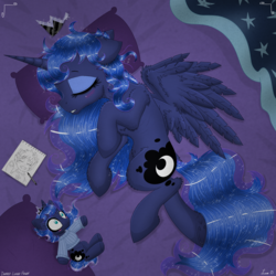 Size: 3500x3500 | Tagged: safe, artist:darkest-lunar-flower, princess luna, oc, alicorn, pony, art, bed, belly button, blanket, clothes, crown, drawing, female, fetal position, jewelry, luna plushie, mare, pencil, pillow, plushie, regalia, ribs, self plushidox, sketch book, sleeping, sparkles, sweater, wings