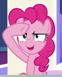 Size: 395x493 | Tagged: safe, screencap, pinkie pie, earth pony, pony, g4, sparkle's seven, cropped, female, mare, open mouth, raised hoof, solo
