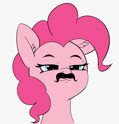 Size: 1332x1384 | Tagged: safe, artist:pabbley, pinkie pie, earth pony, pony, g4, bust, cute, diapinkes, ear fluff, facial hair, fake moustache, female, gray background, head only, lidded eyes, mare, moustache, ponk, portrait, simple background, solo