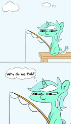 Size: 1388x2386 | Tagged: safe, artist:pabbley, lyra heartstrings, pony, unicorn, g4, cloud, comic, ear fluff, female, fishing, fishing rod, mare, missing cutie mark, sitting, solo, thinking, thought bubble