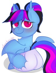 Size: 678x887 | Tagged: safe, artist:donutnerd, oc, oc only, oc:krystal gypsy, bat pony, pony, blushing, chest fluff, diaper, ear fluff, female, looking at you, mare, non-baby in diaper, rear view, solo, wings