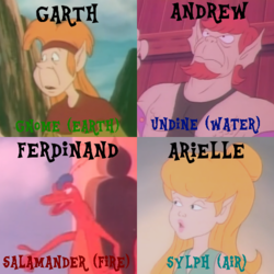 Size: 500x500 | Tagged: safe, andrew, ariel, ferdinand, garth, elf, mermaid, merman, salamander, flight to cloud castle, g1, elements, male, sylph, undine