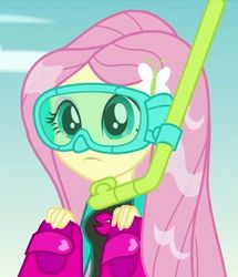 Size: 563x654 | Tagged: safe, screencap, fluttershy, equestria girls, equestria girls series, forgotten friendship, g4, clothes, cute, dive mask, female, flippers (gear), shyabetes, snorkel, solo, swimsuit, wet hair, wetsuit
