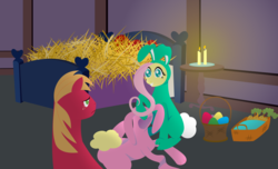 Size: 2300x1400 | Tagged: safe, anonymous artist, big macintosh, fluttershy, series:fm holidays, g4, animal costume, basket, bed, big macintosh is not amused, bunny costume, candle, candlelight, carrot, clothes, costume, easter egg, female, food, hay, hoof hold, innocent, lineless, male, no pupils, ship:fluttermac, shipping, smiling, straight, unamused