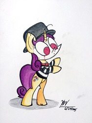 Size: 960x1280 | Tagged: safe, artist:pelate, quiet gestures, pony, unicorn, g4, :o, clothes, female, hat, looking down, mare, mime, open mouth, raised eyebrows, rearing, solo, traditional art
