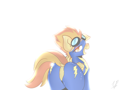Size: 3508x2480 | Tagged: safe, artist:undreamed panic, spitfire, pegasus, pony, g4, wonderbolts academy, bedroom eyes, butt, clothes, dock, female, firebutt, goggles, high res, lidded eyes, looking at you, looking back, looking back at you, plot, ponytail, seductive, seductive look, sexy, solo, stupid sexy spitfire, suit, uniform, wonderbolts uniform