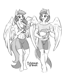 Size: 3300x3813 | Tagged: safe, artist:starshinebeast, oc, oc only, oc:uma stale, oc:umami stale, pegasus, anthro, unguligrade anthro, abs, anthro oc, brother and sister, clothes, fangs, female, high res, hooves, male, mare, medicine ball, shirt, siblings, skintight clothes, sports bra, sports shorts, stallion, t-shirt, towel, twins, wings