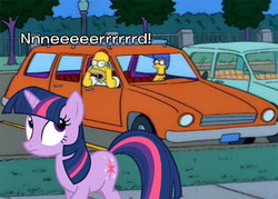 Size: 567x406 | Tagged: safe, twilight sparkle, human, pony, unicorn, g4, caption, car, comments locked down, homer simpson, image macro, male, marge simpson, meme, text, the simpsons, this will end in tears, unicorn twilight