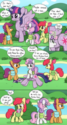 Size: 1500x2800 | Tagged: safe, artist:skitter, apple bloom, scootaloo, sweetie belle, twilight sparkle, alicorn, earth pony, inflatable pony, pegasus, pony, unicorn, g4, comic, cutie mark crusaders, deflation, female, filly, forced smile, grin, inanimate tf, inflatable, inflatable toy, magic, mouth hold, pool toy, saddle bag, smiling, telekinesis, transformation, transformed, twilight sparkle (alicorn)