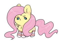 Size: 713x527 | Tagged: safe, artist:bubbled-tea-dreams, fluttershy, pegasus, pony, g4, chest fluff, chibi, clothes, cute, ear fluff, female, heart, shyabetes, simple background, socks, solo, striped socks, transparent background, two toned wings