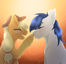 Size: 1508x1463 | Tagged: safe, artist:doodlediamond, applejack, oc, oc:constance everheart, pony, g4, :p, blushing, boop, canon x oc, cute, everjack, female, male, shipping, silly, straight, tongue out