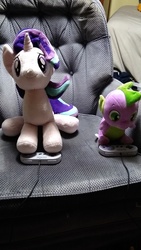 Size: 2304x4096 | Tagged: safe, spike, starlight glimmer, dragon, pony, unicorn, g4, chair, controller, couch, duo, irl, photo, plushie, sitting, snes controller, super nintendo, video game