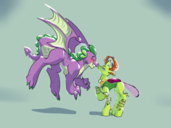Size: 5000x3750 | Tagged: safe, artist:heyerika, spike, thorax, changedling, changeling, dragon, g4, blushing, changeling king, colored claws, duo, eyes closed, gay, green background, king thorax, male, older, older spike, quadrupedal spike, ship:thoraxspike, shipping, simple background, winged spike, wings