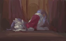 Size: 1600x1007 | Tagged: safe, artist:bloodrizer, rarity, pony, g4, anisocoria, awkward pose, clothes, existential crisis, face down ass up, prone, relaxing, sweater