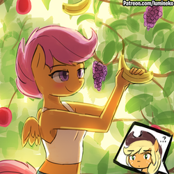 Size: 750x750 | Tagged: safe, artist:lumineko, applejack, scootaloo, pegasus, anthro, apple bloomers, g4, applejack's hat, banana, blushing, breasts, busty scootaloo, clothes, cowboy hat, female, food, freckles, grapes, hat, midriff, patreon, smiling, tank top