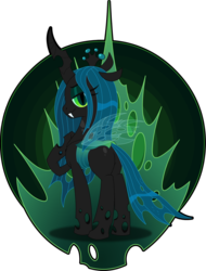 Size: 1521x2000 | Tagged: safe, artist:doctor-g, queen chrysalis, changeling, changeling queen, g4, bedroom eyes, bugbutt, butt, chrysalass, crown, female, jewelry, looking at you, looking back, looking back at you, plot, pointing at self, raised hoof, regalia, smiling, solo