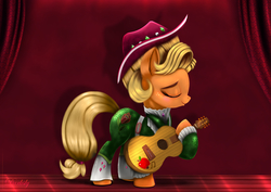 Size: 6000x4250 | Tagged: safe, artist:darksly, applejack, earth pony, pony, g4, sparkle's seven, absurd resolution, acoustic guitar, apple chord, clothes, cowboy hat, eyes closed, female, freckles, guitar, hat, mare, musical instrument, solo, stetson