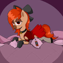 Size: 5000x5000 | Tagged: safe, artist:waffletheheadmare, oc, oc only, oc:whiskey river, pony, alcohol, bed, clothes, dress, eyelashes, eyeshadows, half-closed eyes, jewelry, looking at you, makeup, necklace, pillow, redhead, shoes, simple shading, smiling, socks, stockings, thigh highs, whiskey