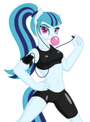 Size: 1388x1889 | Tagged: safe, artist:camo-pony, derpibooru exclusive, sonata dusk, anthro, g4, armband, belly button, bubblegum, clothes, colored pupils, compression shorts, earbuds, female, food, gum, music player, simple background, sports bra, tight clothing, white background